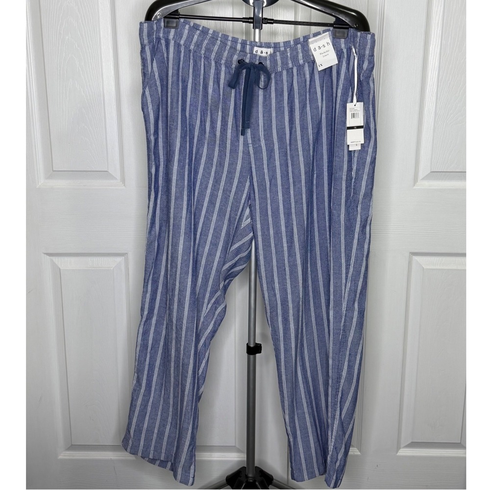 DASH Womens 1X Linen Blend Pants Blue White Stripe Drawstring DW3163MY NWT